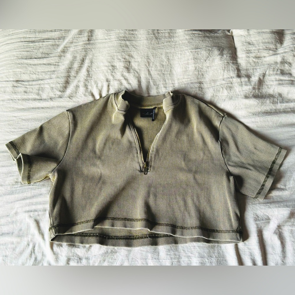 Out From Under Ribbed Short Sleeve Cropped Quarter Zip